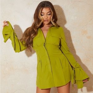 PrettyLittleThing Olive Tie Cuff Detail Pleated Shirt Dress